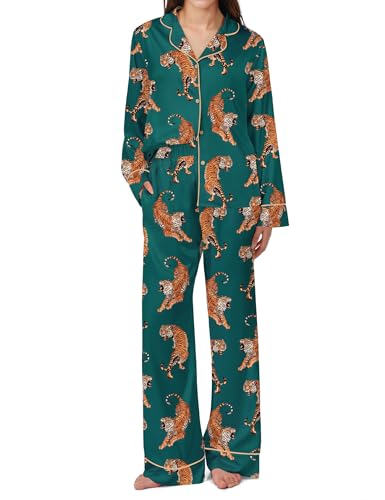 Image of SHESHOW Satin Pajamas Set for Women Set Long Sleeve Button Down Pjs Sets 2 Piece Loungewear Animal Sleepwear XS-XXL