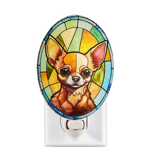 Image of Dog Night Light Chihuahua, Stained Glass Styled Plug-in Wall Nightlight, Bulb Included, Pet Memorial Dog Lover Gift, Bedroom Hallway Bathroom Decor, Manual On /Off Switch