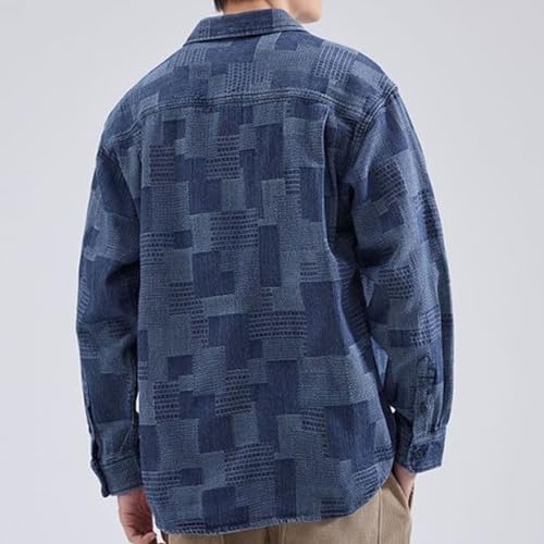 Men's Patchwork Lapel Jean Outerwear Plaid Casual Soft Denim Jacket Printed Loose Fit Cowboy Coats3