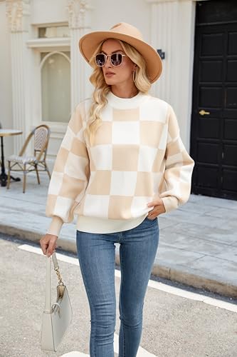 Image of Spring Sweaters for Women, Women's Long Sleeve Turtleneck Stripes Plaid Trendy Oversized Ribbed Knit Pullover Sweater