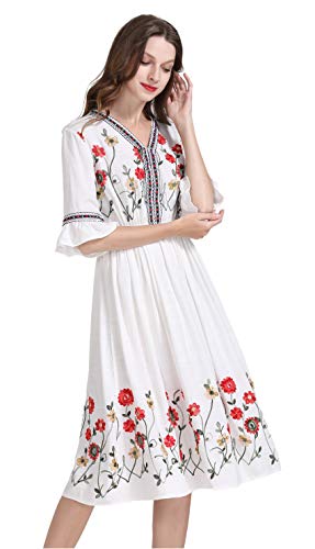 Image of Shineflow Women's Short Sleeve Mexican Embroidered Floral Pleated Midi A-line Cocktail Dress