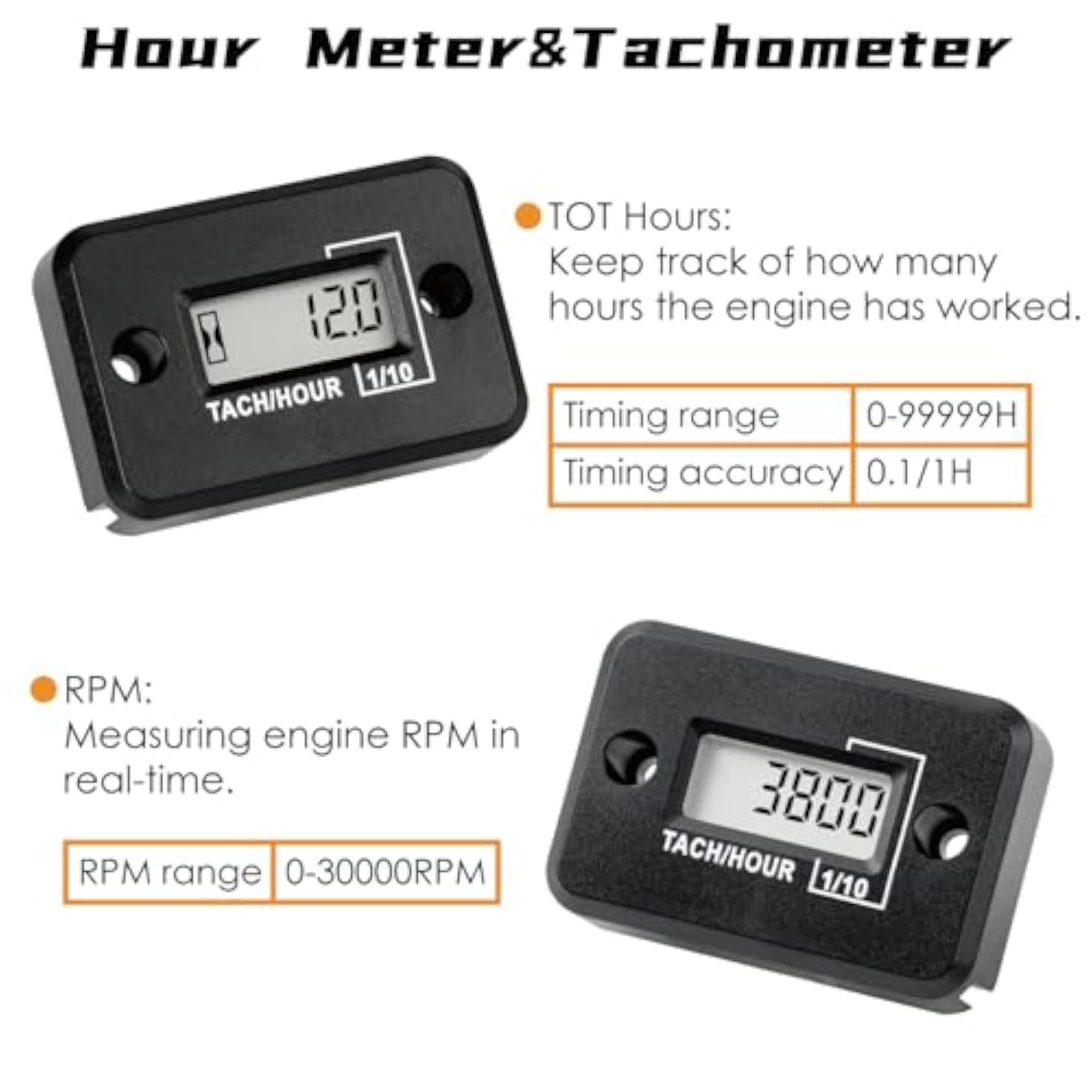 Self-Powered Digital LCD Inductive Tachometer, Waterproof Design