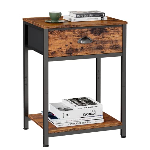 End Table With Storage Shelf And Fabric Drawer, 2 Tiers Industrial Nightstand, Retro Bedside Table Organizer, 23.6 Inch Tall Side Table For Living Room Bedroom, Rustic Brown And Black, Easy Assembly #TOP10