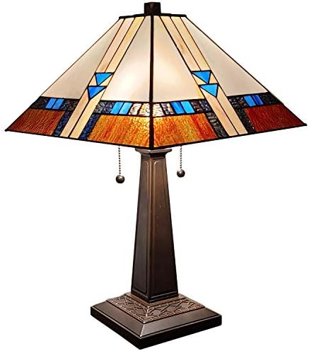 Amora Lighting Tiffany Style Table Lamp Mission 23" Tall Stained Glass Blue White Brown Vintage Antique Light Décor Nightstand Living Room Bedroom Office Handmade Gift AM243TL14B