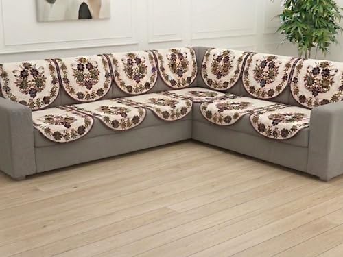 Image of Fab Nation Sofa Cover L Shape 5 Seater with Corner L Type Fully Covered Sofa Set for Living Room | Cotton Sofa Slipcovers for 3 + 2 Seaters Cover Set | Floral Brown