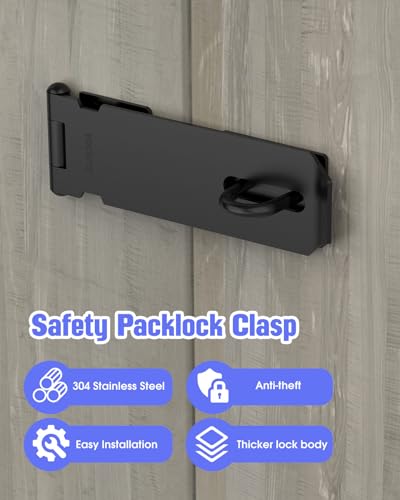 Image of Door Lock Hasp Latch, 5 Inch Stainless Steel Hasp Lock, Door Padlock Clasp Hasp Latch Lock with Screws, Gate Lock Hasp Latch for Outside Doors, Sheds, Fence, Cabinets, Lockers (Black -1pc)