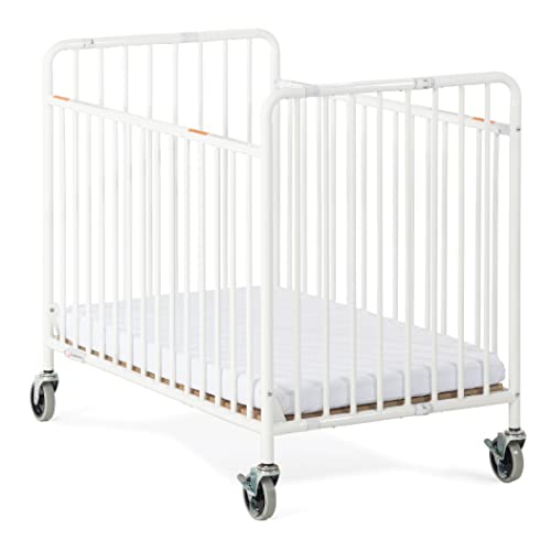 Foundations Stowaway Metal Baby & Toddler Folding Crib, Portable Baby Crib with Foam Mattress and Commercial Grade 3″ Casters, Compact Traveling Crib (White)