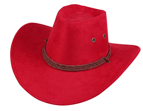UwantC Mens Faux Felt Western Cowboy Hat Fedora Outdoor Wide Brim Hat with Strap Red
