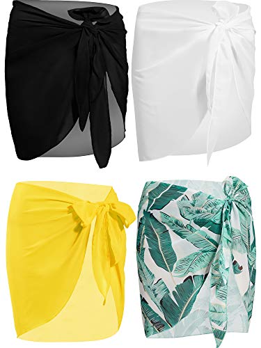 4 Pcs Sarongs Coverups for Women Swimsuit Wrap Skirt Beach Bikini Bottom Cover up Short Skirt Chiffon Cover Ups for Swimwear(Black, White, Yellow, Green Plantain Leaf)