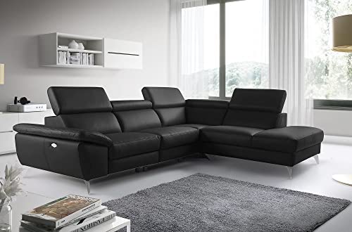 VENESETTI Canapé d'angle Relax en 100% Tout Cuir épais de Luxe Italien avec Relax électrique, 5/6 Places Kaster, Noir, Angle Droit