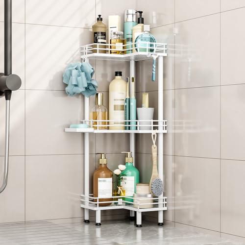 HapiRm Freestanding Shower Caddy Corner - 3 Tier Shower Storage with Soap Holder, Stainless Steel Corner Bathroom Storage with 4 Hooks for Shampoo, Tall Floor Bathroom Caddy Freestanding