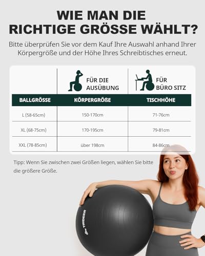 Trideer Dicker Gymnastikball Schwangerschaft, Pezziball, Anti-Burst Pilates Ball, 45-85 cm Sitzball Büro für Balance, Yoga als Fitness Kleingeräte und Balance Stuhl im Gym-Home-Büro