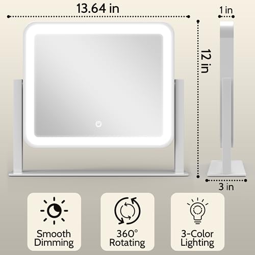 Image of ROLOVE 14 inchx12 inchVanity Mirror, Lighted Makeup Mirror for Vanity Desk, Smart Touch Control, 360 Rotation, 3-Color Modes, Gifts for Women, Bedroom, White