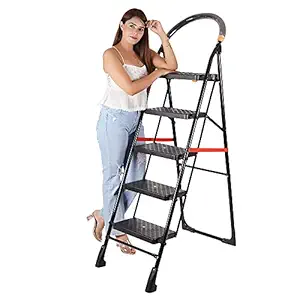 Homace Strong Heavy Duty 5 Step Fold-able Durable Metal Iron Wide Ladder for Home Anti Non Skid Indoor Outdoor Use Smart Plateform 3 Year Warranty (5 Steps, Black)