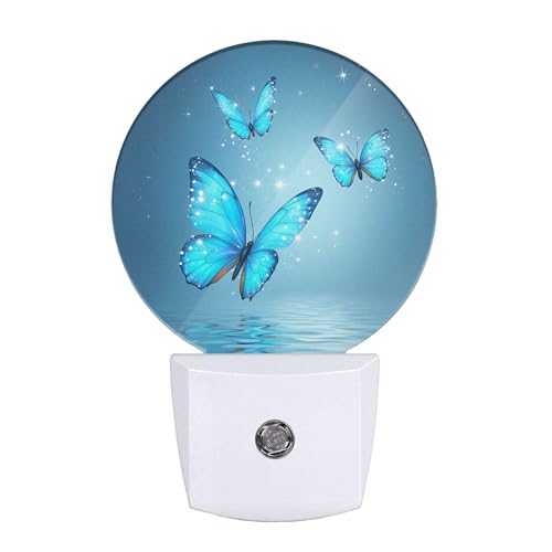 Image of Butterflies Over Lake Nightlight Blue Magical Butterfly Morphy Wings Shine Stars Plug-in Night Light LED Auto on /Off for Women Girls Bedroom Bathroom Wall Light