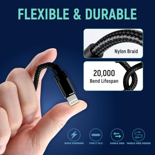 Image of AIBEX MFi Compatible USB-C to Lightning Fast Charging Cable for iPhone 14, 13, 12, 11, X, 8, iPad, AirPods | PD Charger Cord, Type-C Lightning Data Sync Cable, Braided 1 Meter, Black