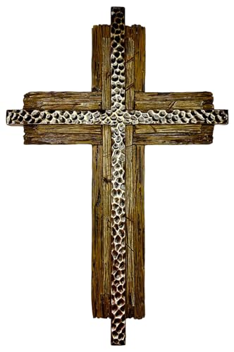 Top Brass Old Rugged Wall Mounted Cross – Three Layer Rustic Wood and Hammered Iron Look – Spiritual Jesus Art Decor