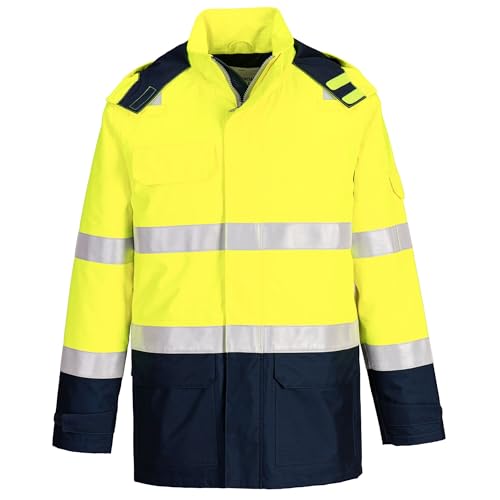Portwest FR605 Bizflame Rain Plus Hi Vis Multi Norm Contrast FR Jacket Flame Resistant Waterproof Arc Flash Anti Static Chemical Protection Cotton Lined CE CAT III, Yellow/Navy, M
