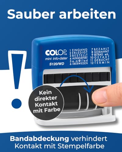 COLOP Wortband-Datumstempel mit 12 gängigen Bürotexten, S120/WD, Abdruckhöhe 4 mm, integriertes Stempelkissen blau/rot
