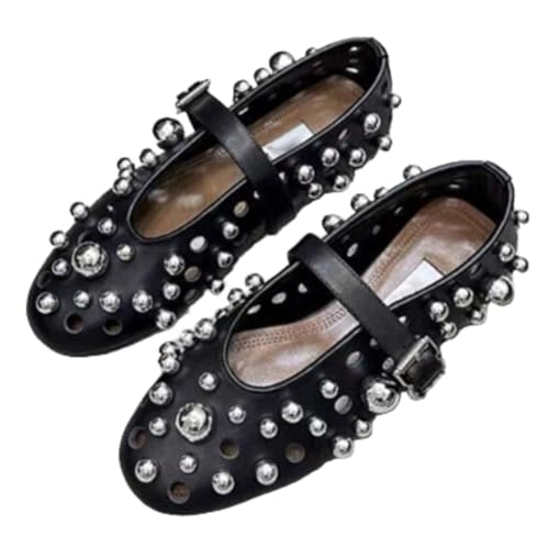 Ballet Flats for Women Mary Jane Shoes Genuine Leather Comfortable Lightweight Flat Hollow Out Metal Pearl Round Stud Rivets for Everyday Wear