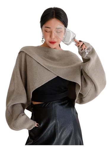 Image of RoseSeek Women's Boat Neck Criss Cross Wrap Crop Sweater Long Sleeve Knit Pullover Tops Grey Large