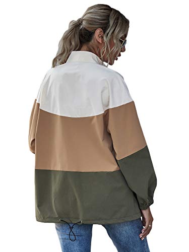 Verdusa Women's Casual Color Block Drawstring Hem Long Sleeve Jacket Outerwear Khaki And Army Green M #TOP1