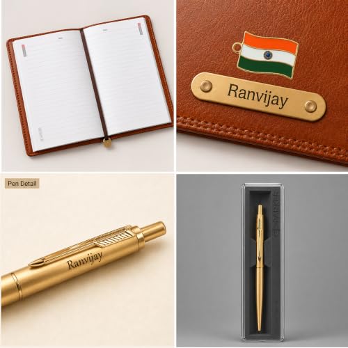 Image of SAVRI Personalized Gifts Customized Brown Diary with Name & Parker Golden Pen Gift Set | Premium Diary & Gold Trim Pen Set Corporate Gift for Employees, Managers, Clients, Birthday