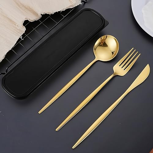 Image of BonZeaL Stainless Steel Premium Gold Cutlery Set for Dinning Table 3 Pieces Silverware Set Flatware Set with Gift Box Dinnerware Tableware Set Portable Travel Cutlery Set Gift for Travellers Father