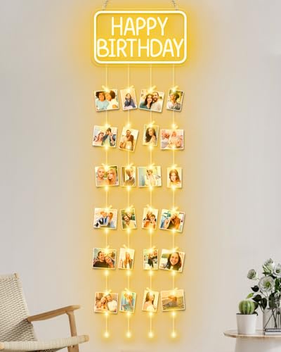 Qusea Birthday Hanging Photo Display Wall Decor Happy Birthday Neon Sign Picture Frames Collage Board with 4 String Lights and 30 Clips for Birthday Party Wall Decorations