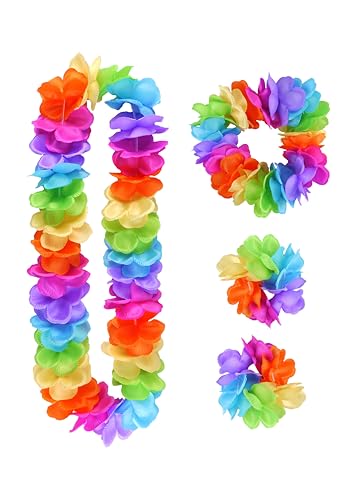 HENBRANDT Rainbow Pride Hula Lei Flower Garland 4pc Party Set LGBTQ+ LGBT Fancy Dress Outfit Pride Accessories for Gay Pride Decorations Parades Parties and Carnivals