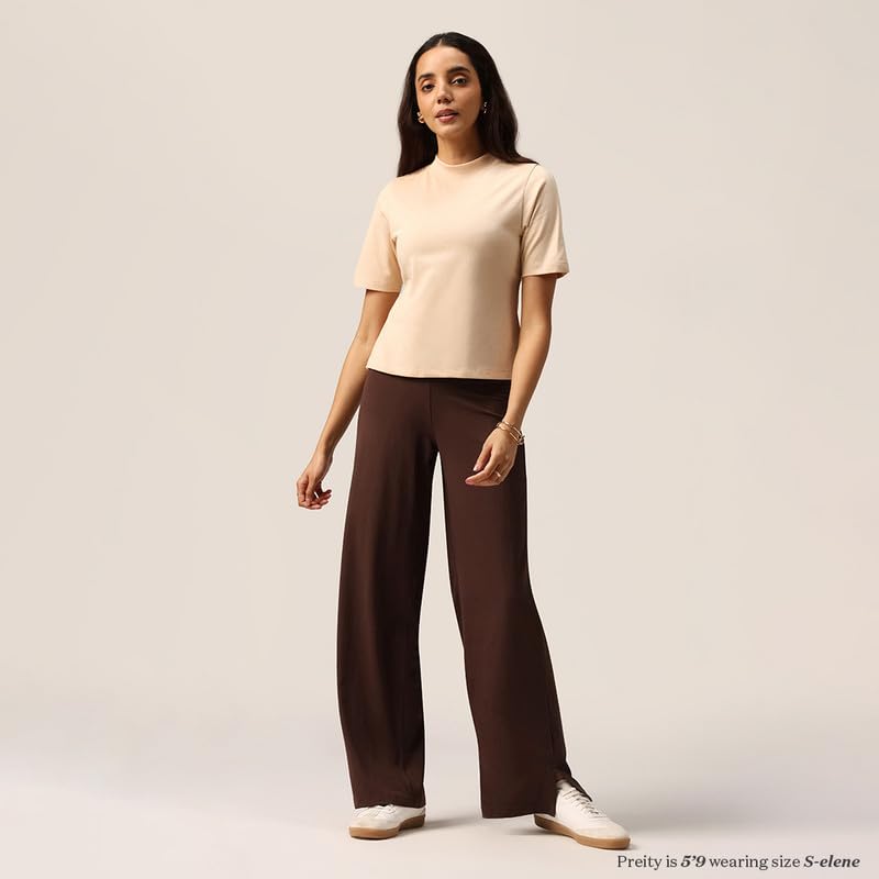 Image of BlissClub AM:PM Cotton Wide Leg Pants - Lite, Cotton Pants, Wide Waistband, Slit at Hem, Side Pockets, Tall (for Women Above 5'5 ft)