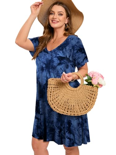 Image of ZENNILO Women's Plus Size Swing Dress with Pockets Casual Summer Dresses V Neck Short Sleeve T Shirt Dress for Women