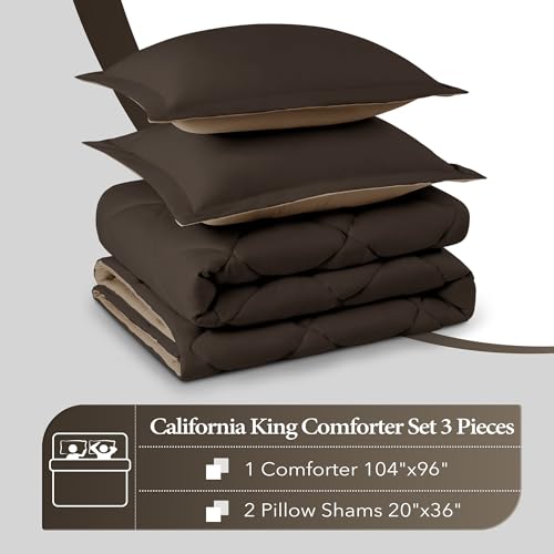 Image of downluxe California King Comforter Set - Brown and Tan Cal King Comforter Set, Soft Bedding Sets for All Seasons - 3 Pieces - 1 Comforter (104 inchx96 inch) and 2 Pillow Shams(20 inchx36 inch)