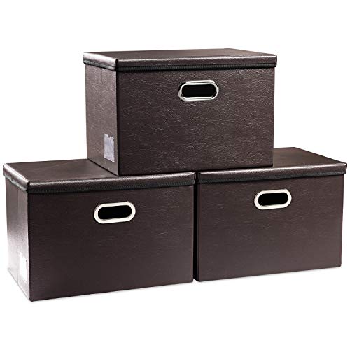 PRANDOM Collapsible Storage Bins with Lids [3-Pack] Leather Fabric Foldable Storage Boxes Organizer Containers Baskets Cube with Cover for Bedroom Closet Office Nursery Brown (14.9x10.8x10)