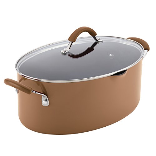 Rachael Ray 16337 Cucina Nonstick Pasta Pot / Stock Pot with Lid and Spout - 8 Quart, Mushroom Brown
