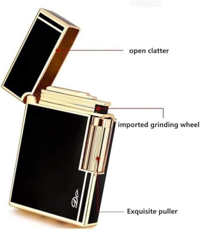 Retro Butane Lighter, Classic Grinding Wheel Side-Slide Ignition Lighter, Adjustable Soft Flame Lighter, Refillable Lighter, Suitable for Cigarettes, Cigars, Candles Gift Box Packaging(Black Silver)