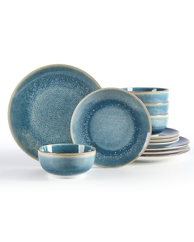 Sweejar Dinnerware Sets Service for 4 12 pcs Porcelain Plates and Bowls for Kitchen Housewaring Gift Chip and Scratch Resistant Dish Set Handmade Dishwasher and Microwave Safe Plate Set Blue