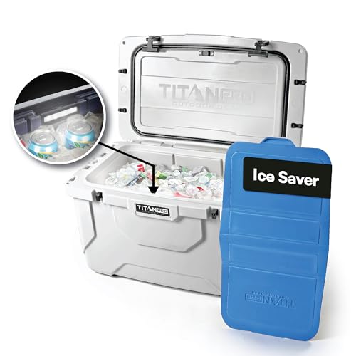 Titan PRO High Performance Ice Chest – 55 Quart Capacity – Hard Cooler with Interior LED Light, Dry Bin, Ice Saver Performance Booster and Microban Protection – Arctic White
