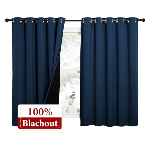Image of NICETOWN 100% Blackout Curtains with Black Liners, Thermal Insulated Full Blackout 2-Layer Lined Drapes, Energy Efficiency Window Draperies for Bedroom (Moroccan Blue, 2 Panels, 62 inch W by 63 inch L)