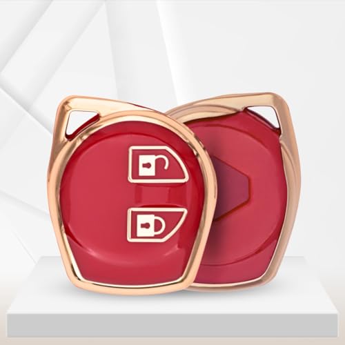 Image of KEYCEPT Gold Line TPU Key Cover Compatible with Suzuki Swift, Dzire, Ertiga, Baleno, Celerio, Ritz, Brezza, Scross, Fronx, Ciaz, Jimny, S Presso 2 Button Remote Key with Keychain. (Keychain 2, Red)