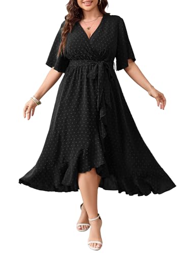SCOMCHIC Women's Plus Size Summer Dresses Short Sleeve Wrap V Neck Swiss Dot Boho High Low Split Ruffle Maxi Dress