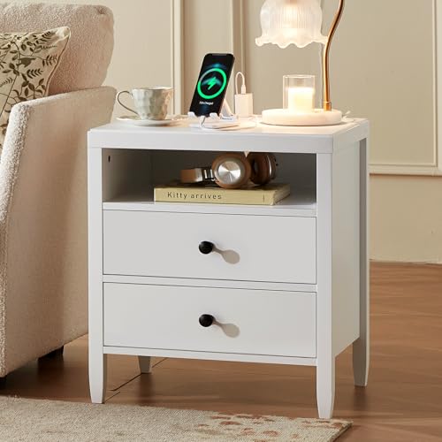 Image of Huuger White Nightstand Set of 2, Night Stand with Charger Station