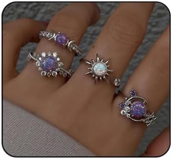 Chunky Gold Ring Set Purple Crystal Gemstone Statement Rings Sparkly Rhinestone Sun Moon Ring Knuckle Stackable Open Rings Fashion Jewelry Accessary