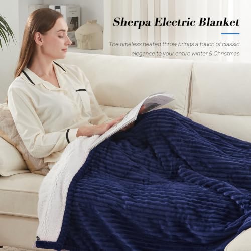 Image of Westinghouse Heated Throw Blanket, Fast Heating Blanket, 50x60 Inch, Navy | Soft Flannel Sherpa Electric Throw with 6 Heating Levels & 2-10 Hours Auto Shut Off, ETL Certification, Machine Washable