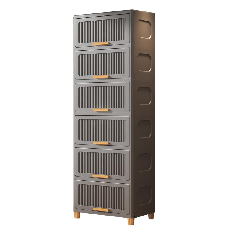 NCONCO Storage Boxes with Lid, 6-Tier Plastic Stackable Pantry Storage Bins Cabinet with Lockable Wheels & Doors Mobile Kitchen Organizer for Pantry Bathroom Bedroom Livingroom Closet