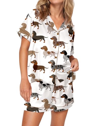 Image of SHESHOW Satin Pajamas for Women Set Preppy Animals Pjs Short Sleeve Shorts 2 Piece Loungewear Sets XS-XXL