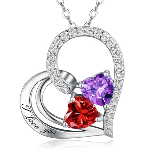 JACUPO Double Birthstone Heart Necklace 0.8CT Dual-Gemstone S925 Sterling Silver