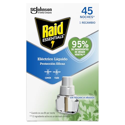 Raid Essentials Recambio Eléctrico 45 noches - Cargador para aparato enchufe antimosquitos comunes y tigre, sin olor