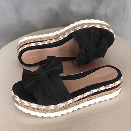 Sandals Women Fashion, Women's Summer Woven Beach Shoes Slip On Wedge Heeled Bow Casual Outdoor Sandals4