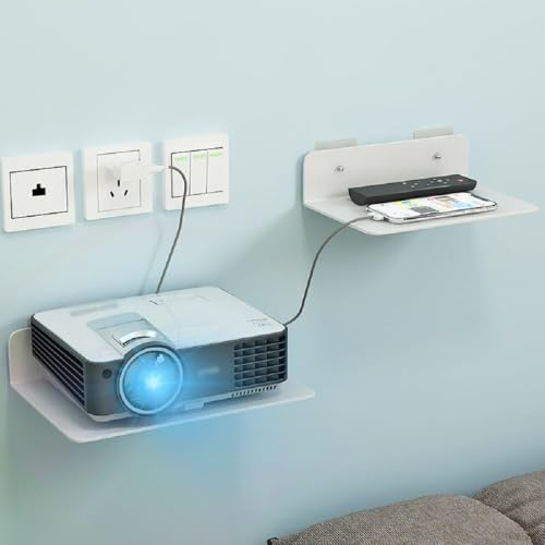 Image of OrganizeMee 30.5 x 21.5 x 4 cm Wall Mount Floating Shelf for Set Top Box, Metal L-Shaped Bracket with Cable Hole & 3 Screw Holes, (White)